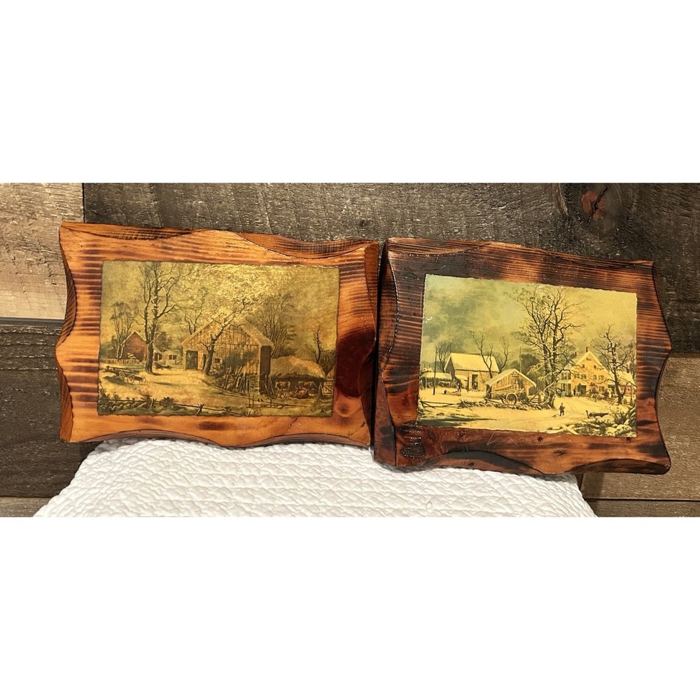 Lot of 2 Vintage Wood House Decoupage Hanging Wall Plaque With Walnut Wood